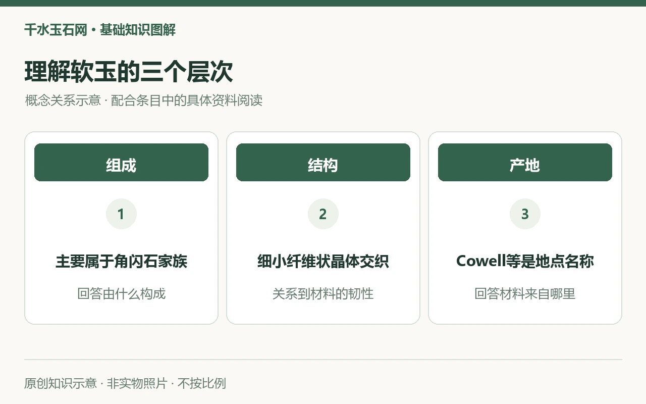 软玉知识关系示意:角闪石家族描述组成,细小晶体交织描述结构,Cowell等地名描述产地。非实物照片或显微图。