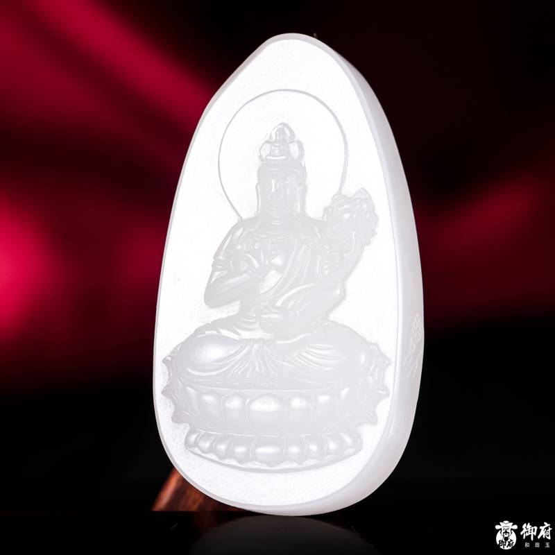 新疆和田玉原毛孔皮白玉籽玉玉牌 持莲观音 27.3克