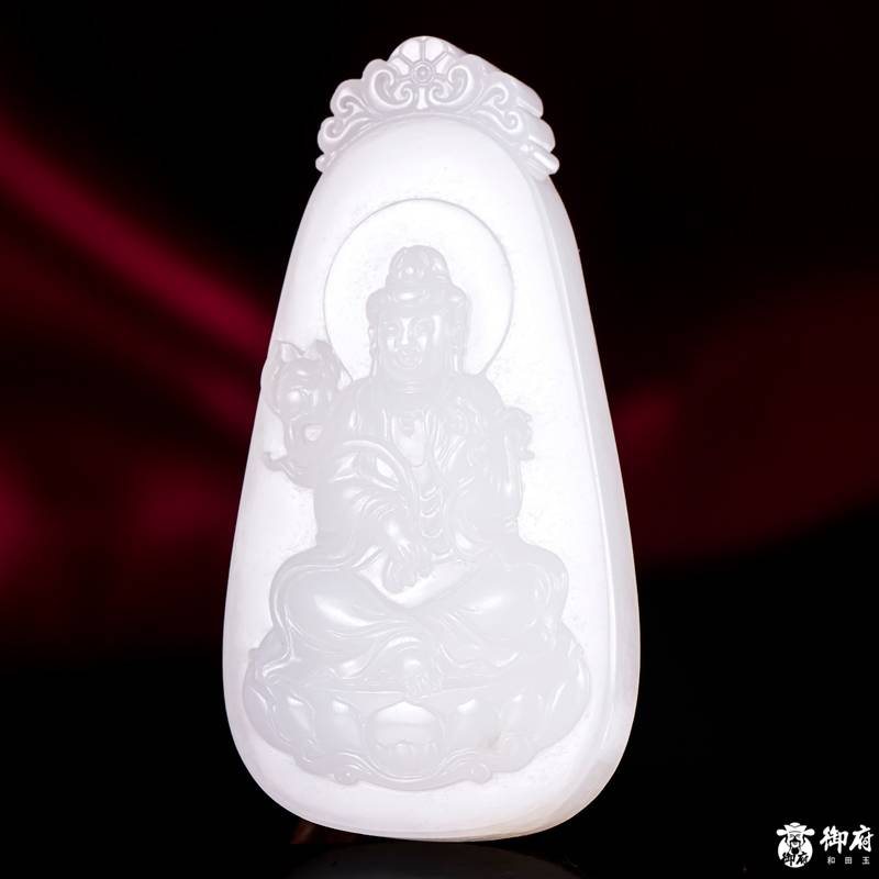 新疆和田玉原毛孔皮白玉籽玉玉牌 持莲观音 35克