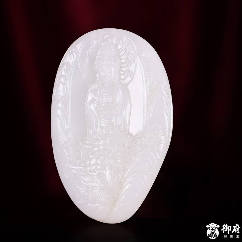 新疆和田玉洒金皮白玉籽玉挂件 山水观音 59.2克