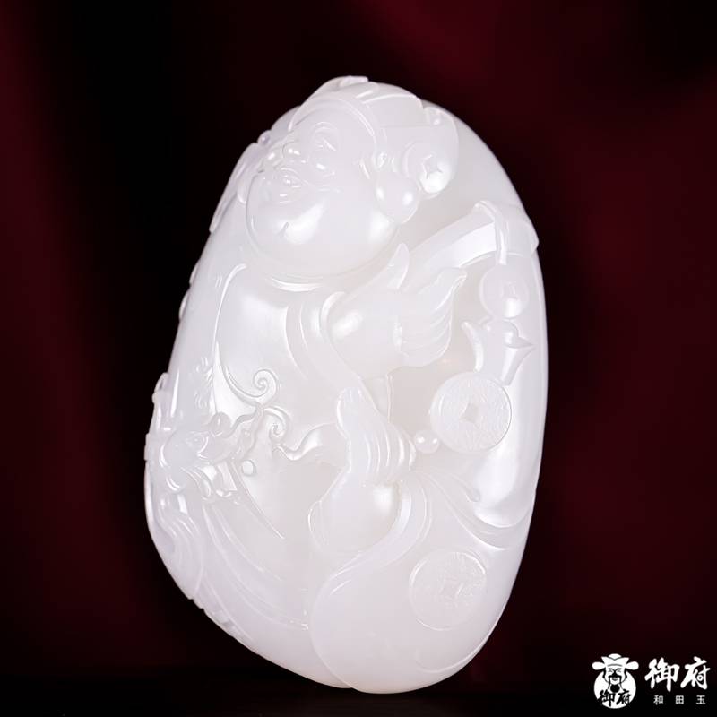 付雪飞工作室 新疆和田玉原毛孔皮白玉籽玉 手把件 财聚龙祥 150克