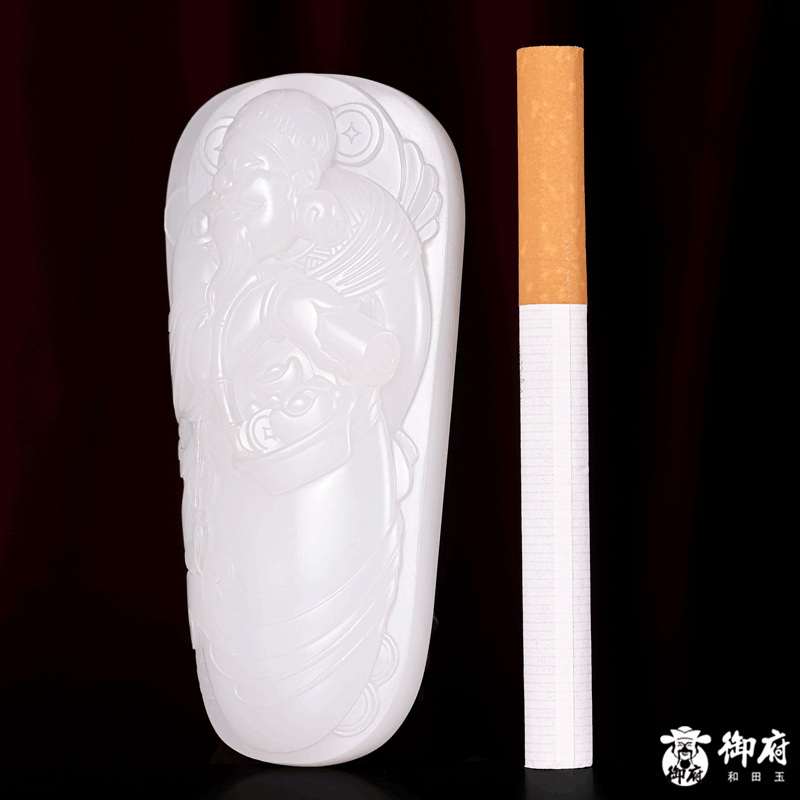 付雪飞工作室 重100克 新疆和田玉羊脂白玉原毛孔皮玉牌 财神聚宝图