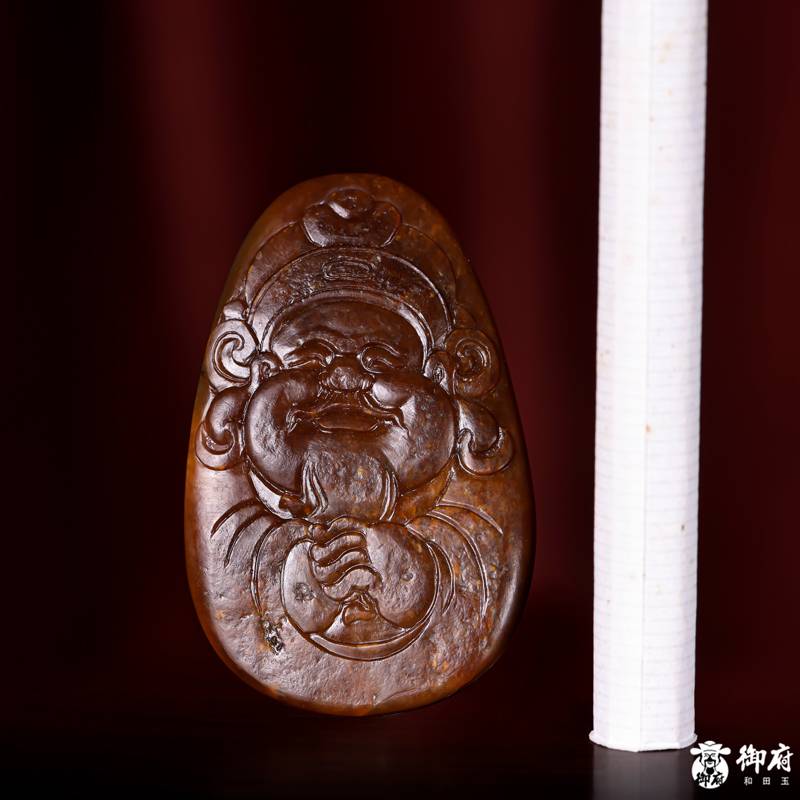 新疆和田玉黄沁原毛孔皮籽玉 财神送福 13.7克