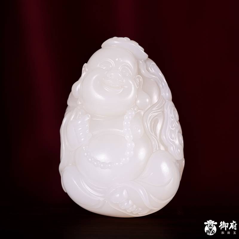 新疆和田玉洒金皮白玉籽玉挂件 福满笑佛