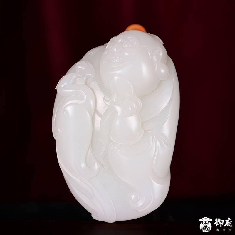 新疆和田玉原毛孔皮白玉籽玉把件 仙鹤拜寿 107.1克