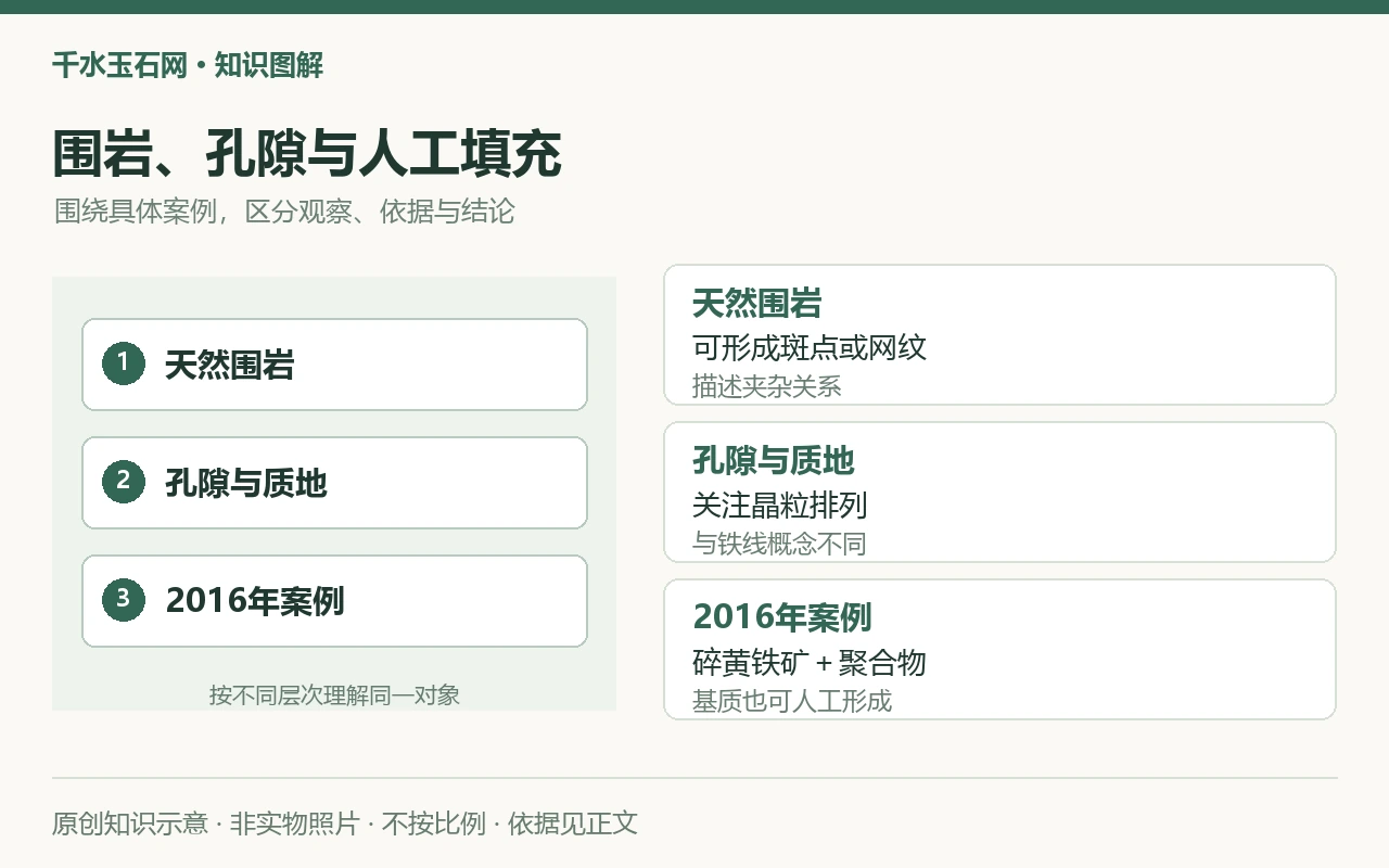 围岩、孔隙与人工填充:天然围岩,可形成斑点或网纹,描述夹杂关系;孔隙与质地,关注晶粒排列,与铁线概念不同;2016年案例,碎黄铁矿+聚合物,基质也可人工形成。原创示意,非实物照片。