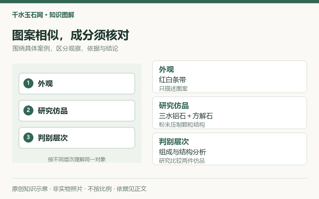 图案相似,成分须核对:外观,红白条带,只描述图案;研究仿品,三水铝石+方解石,粉末压制颗粒结构;判别层次,组成与结构分析,研究比较两件仿品。原创示意,非实物照片。