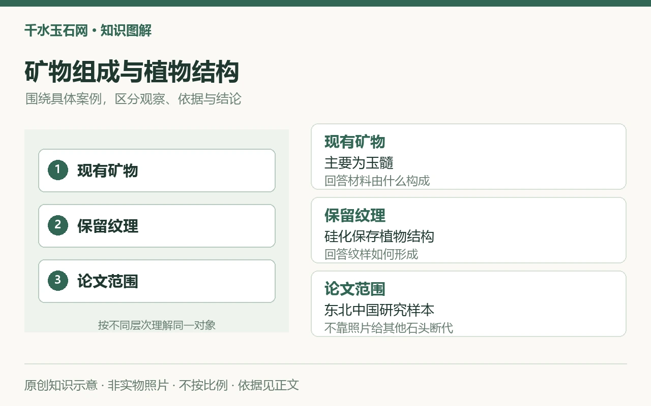 矿物组成与植物结构:现有矿物,主要为玉髓,回答材料由什么构成;保留纹理,硅化保存植物结构,回答纹样如何形成;论文范围,东北中国研究样本,不靠照片给其他石头断代。原创示意,非实物照片。