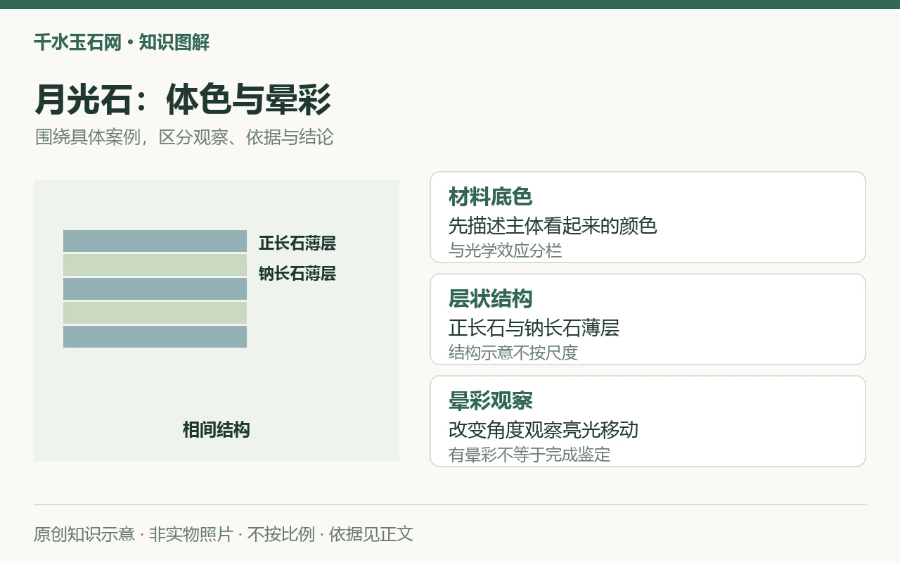 月光石:体色与晕彩:材料底色,先描述主体看起来的颜色,与光学效应分栏;层状结构,正长石与钠长石薄层,结构示意不按尺度;晕彩观察,改变角度观察亮光移动,有晕彩不等于完成鉴定。原创示意,非实物照片。