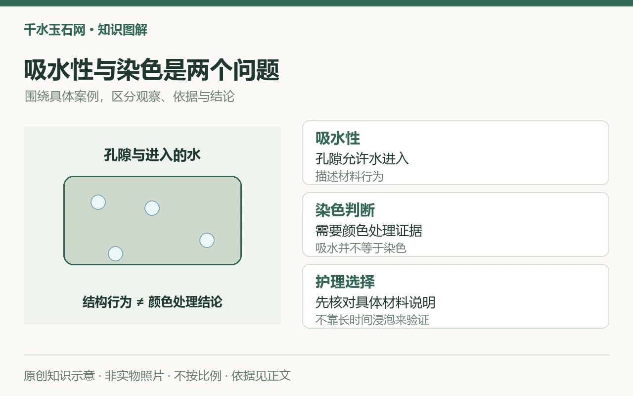 吸水性与染色是两个问题:吸水性,孔隙允许水进入,描述材料行为;染色判断,需要颜色处理证据,吸水并不等于染色;护理选择,先核对具体材料说明,不靠长时间浸泡来验证。原创示意,非实物照片。