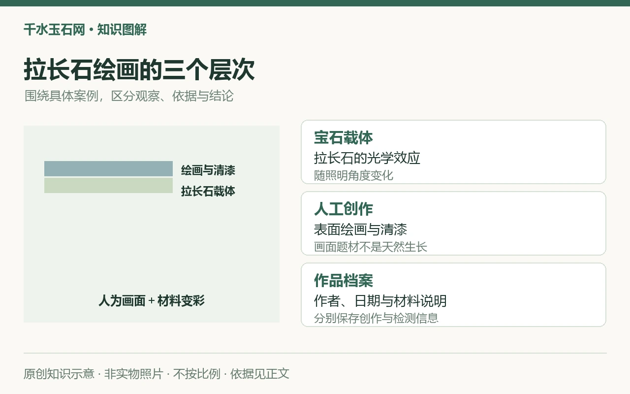拉长石绘画的三个层次:宝石载体,拉长石的光学效应,随照明角度变化;人工创作,表面绘画与清漆,画面题材不是天然生长;作品档案,作者、日期与材料说明,分别保存创作与检测信息。原创示意,非实物照片。