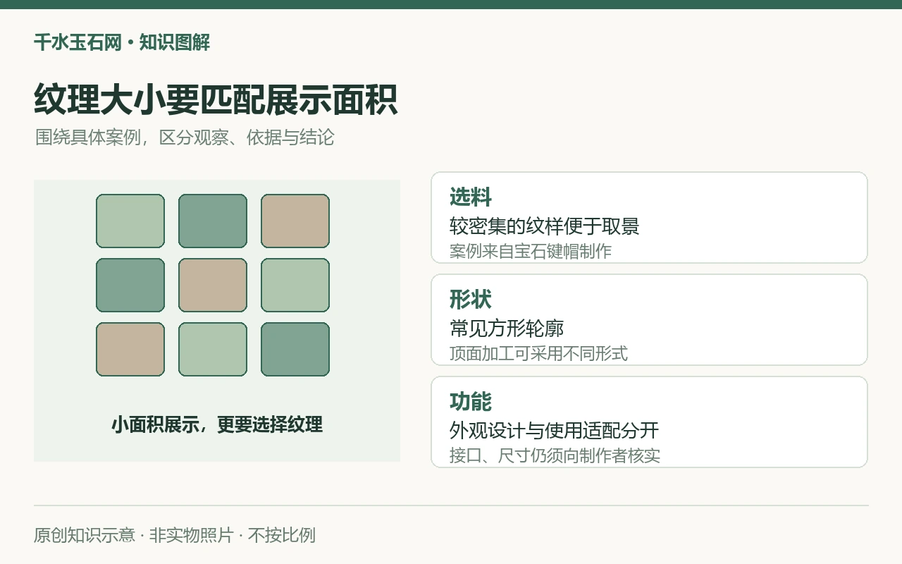 纹理大小要匹配展示面积:选料,较密集的纹样便于取景,案例来自宝石键帽制作;形状,常见方形轮廓,顶面加工可采用不同形式;功能,外观设计与使用适配分开,接口、尺寸仍须向制作者核实。原创示意,非实物照片。