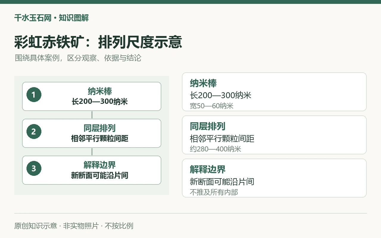 彩虹赤铁矿:排列尺度示意:纳米棒,长200—300纳米,宽50—60纳米;同层排列,相邻平行颗粒间距,约280—400纳米;解释边界,新断面可能沿片间,不推及所有内部。原创示意,非实物照片。