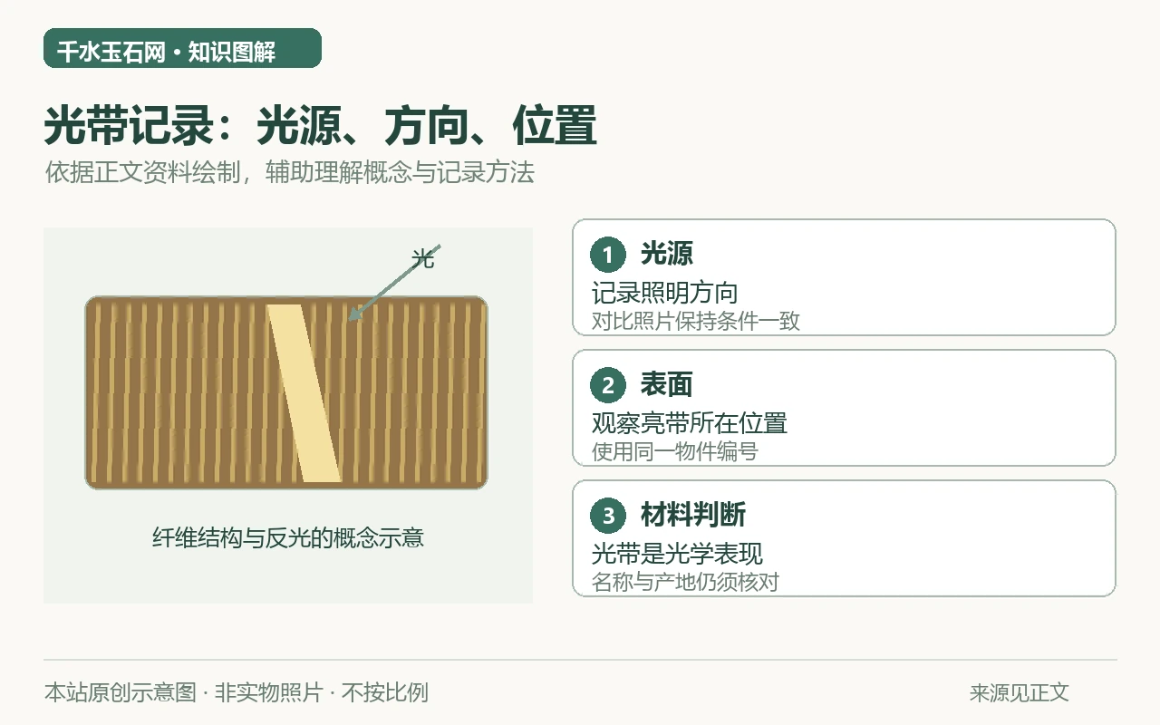 光带记录:光源、方向、位置示意图:光源,记录照明方向,对比照片保持条件一致;表面,观察亮带所在位置,使用同一物件编号;材料判断,光带是光学表现,名称与产地仍须核对。非实物照片。
