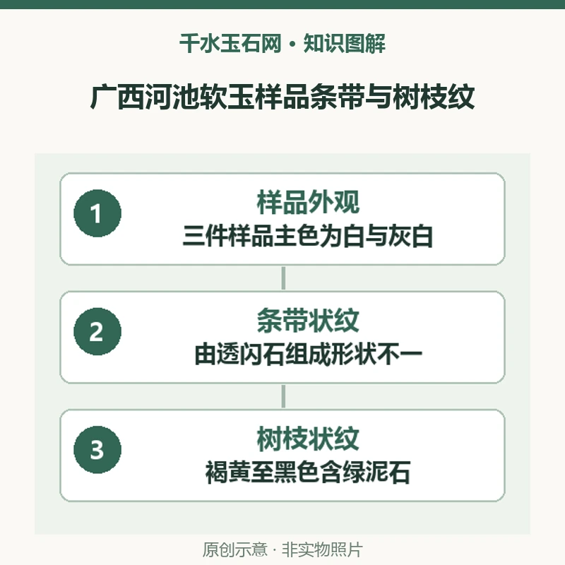 广西河池软玉样品的树枝状纹与条带状纹由什么矿物组成？